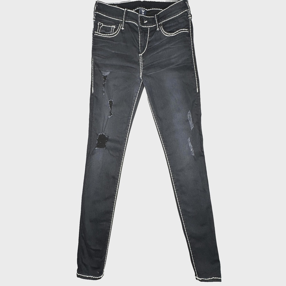 True Religion Halle Jeans Womens 26 Blue Distressed Super Skinny Contrast Stitch